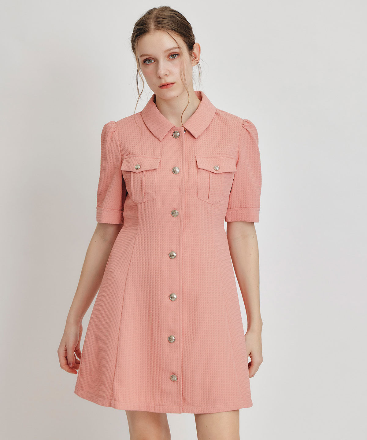 REDYAZEL「エンブレムボタンワッフルミニシャツワンピース」|ワンピース|