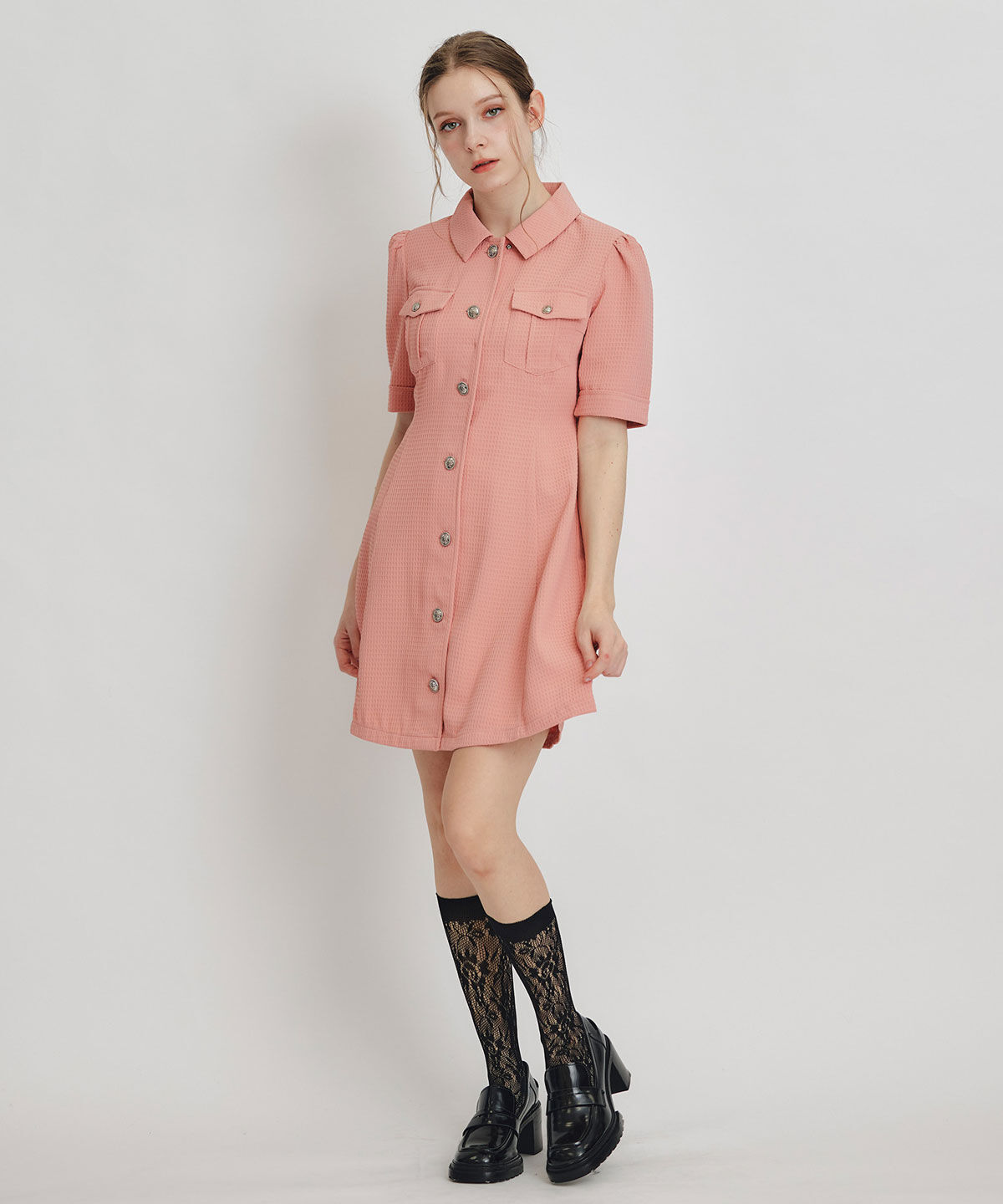 REDYAZEL「エンブレムボタンワッフルミニシャツワンピース」|ワンピース|
