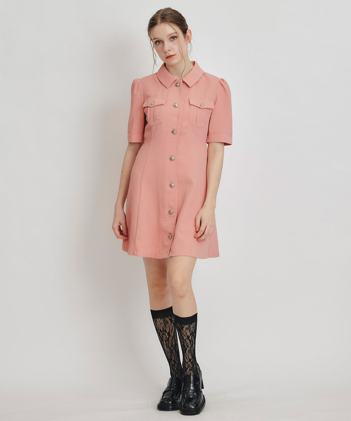 REDYAZEL「エンブレムボタンワッフルミニシャツワンピース」|ワンピース|