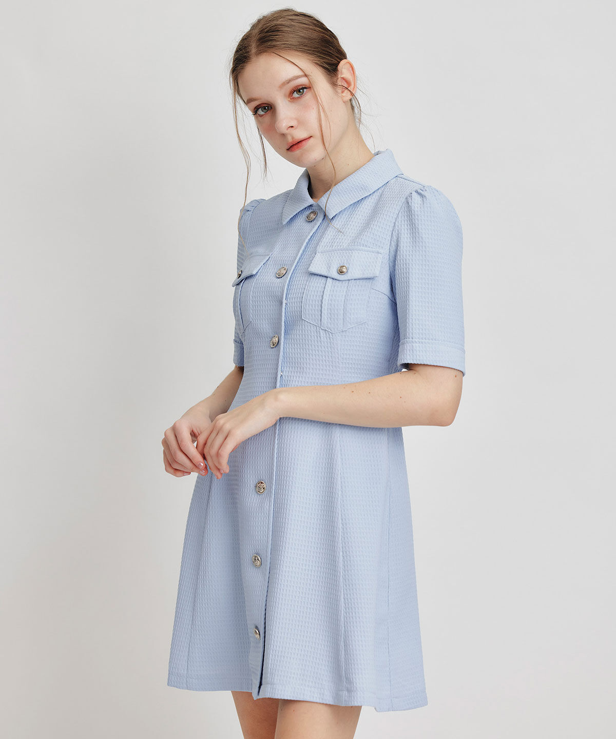 REDYAZEL「エンブレムボタンワッフルミニシャツワンピース」|ワンピース|サックス