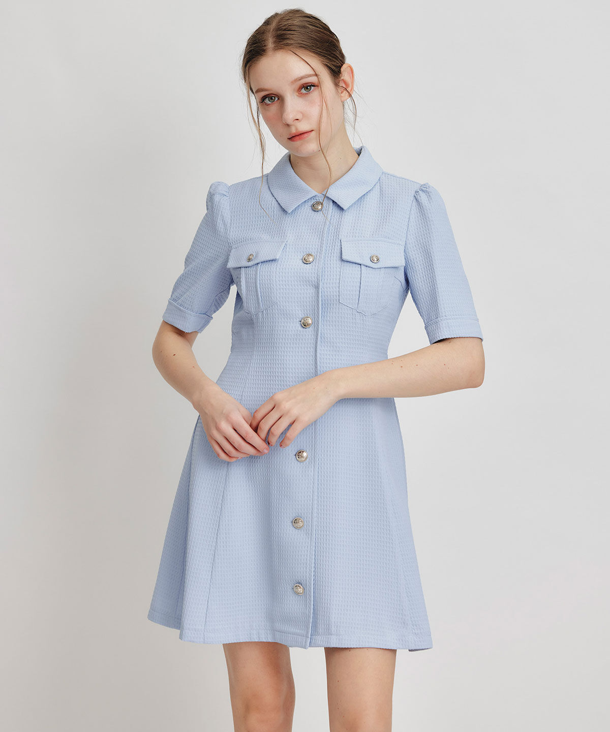 REDYAZEL「エンブレムボタンワッフルミニシャツワンピース」|ワンピース|