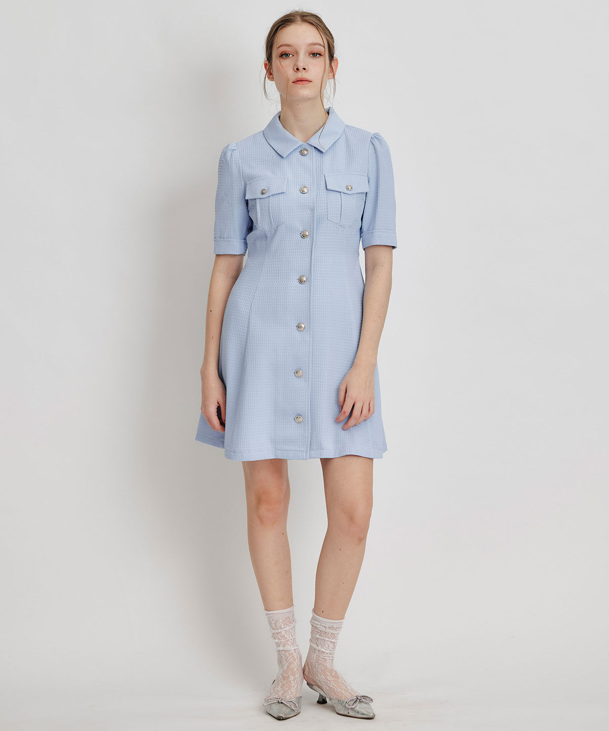 REDYAZEL「エンブレムボタンワッフルミニシャツワンピース」|ワンピース|
