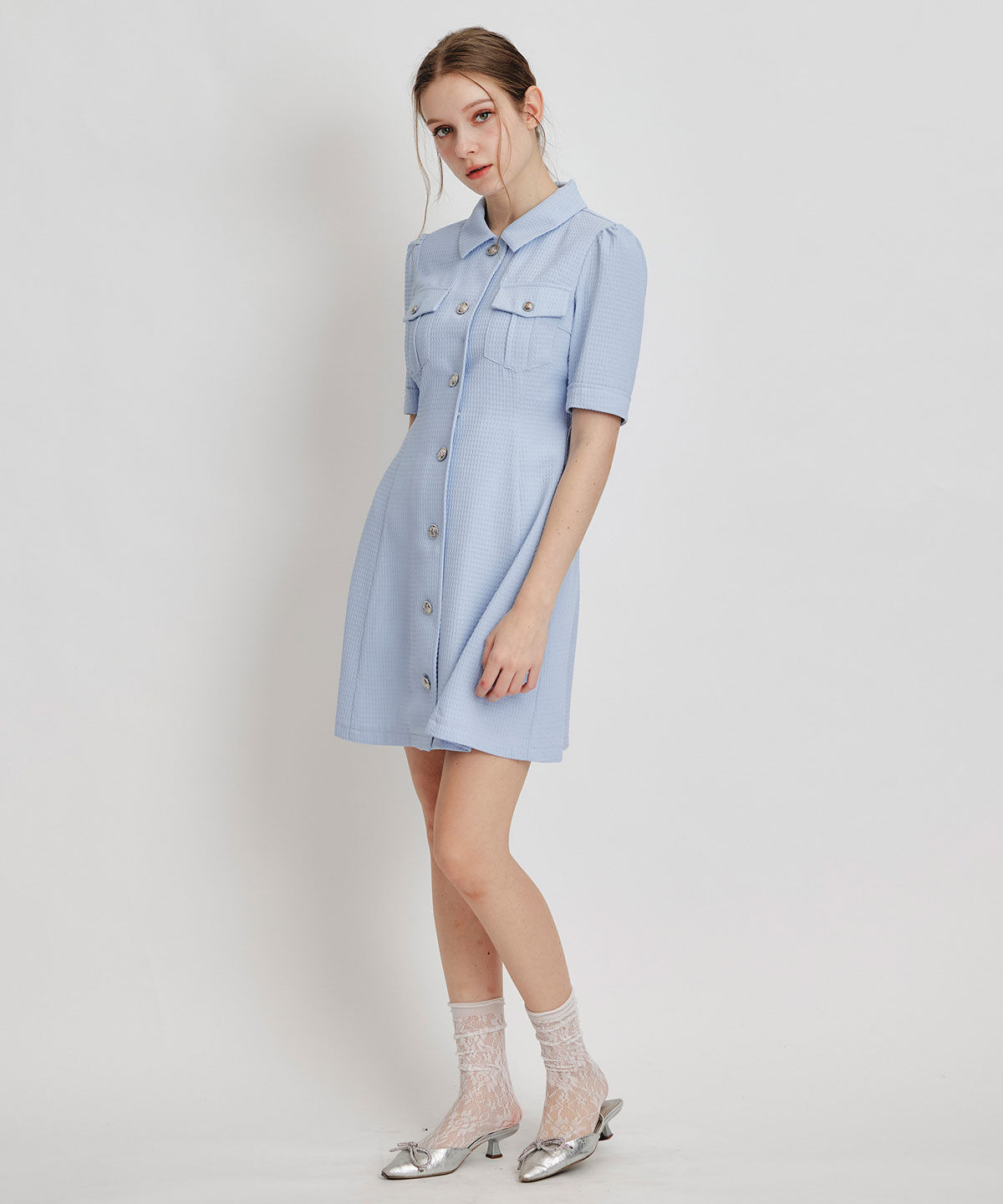REDYAZEL「エンブレムボタンワッフルミニシャツワンピース」|ワンピース|