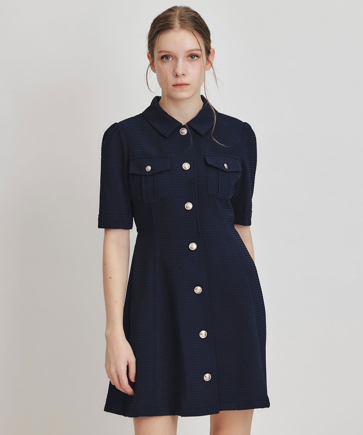 REDYAZEL「エンブレムボタンワッフルミニシャツワンピース」|ワンピース|