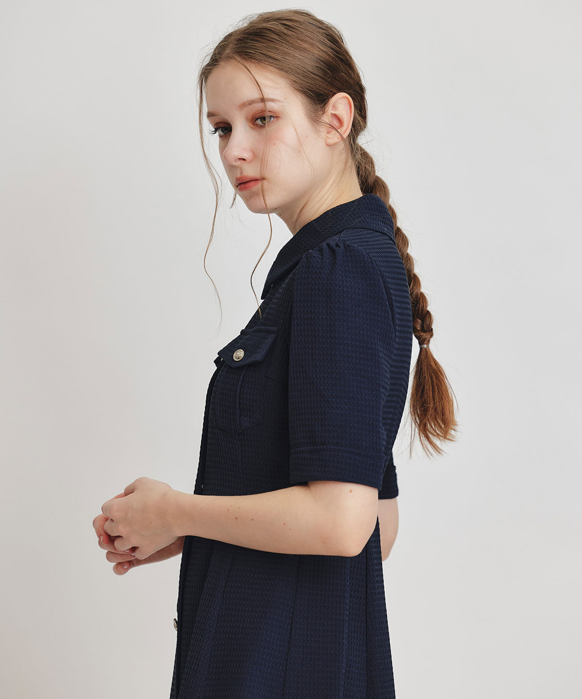 REDYAZEL「エンブレムボタンワッフルミニシャツワンピース」|ワンピース|