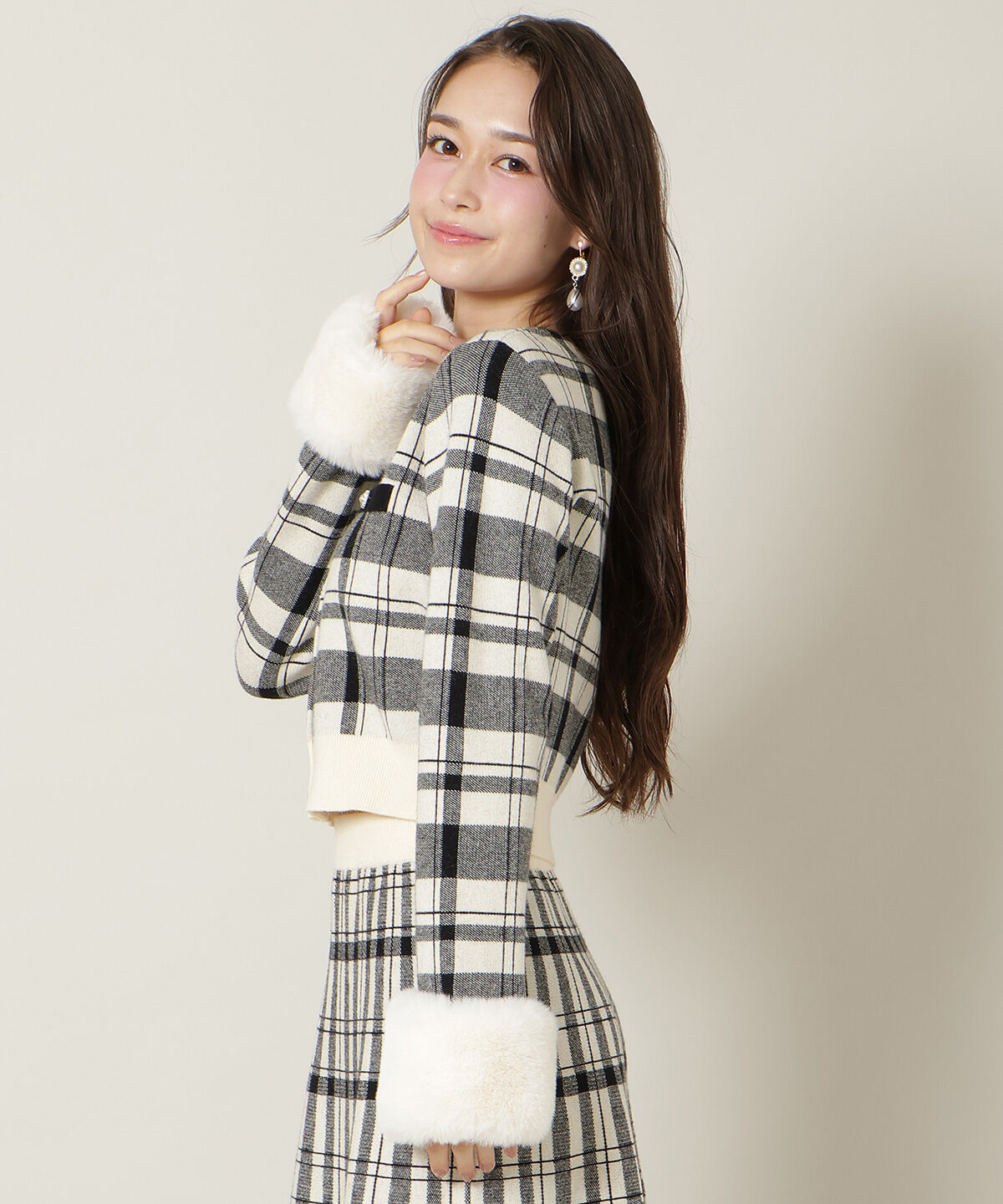 WILLSELECTION「チェック柄ファーカフスカーディガン」|カーディガン|