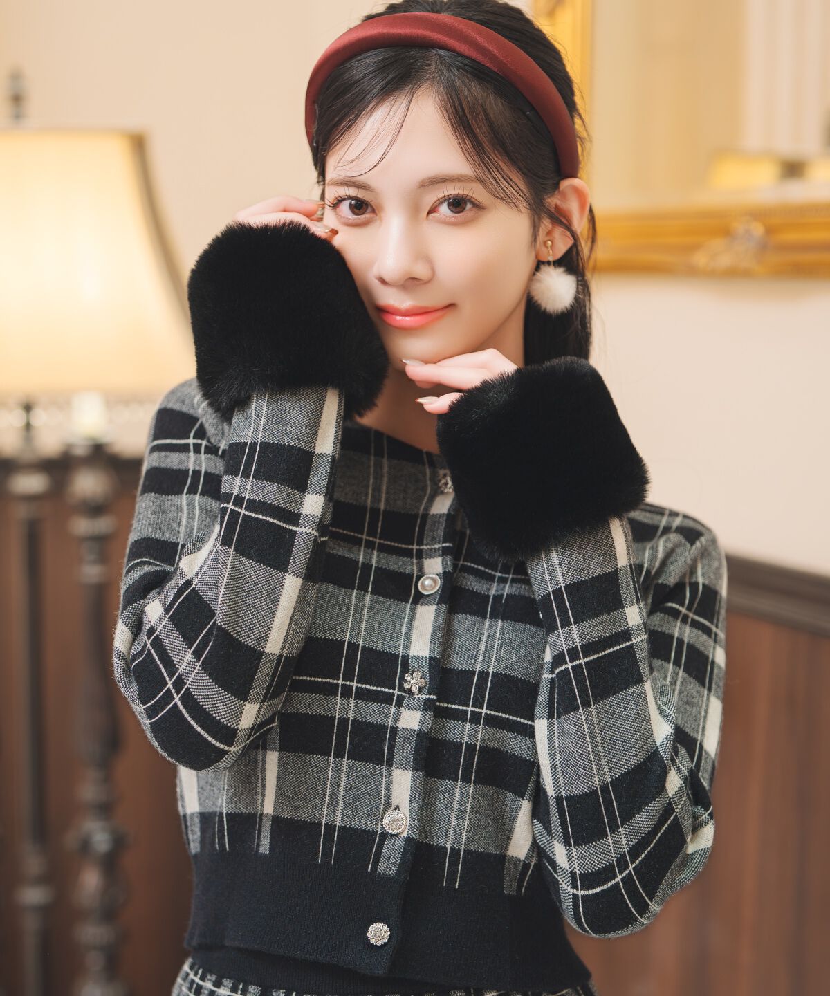 WILLSELECTION「チェック柄ファーカフスカーディガン」|カーディガン|黒系チェック