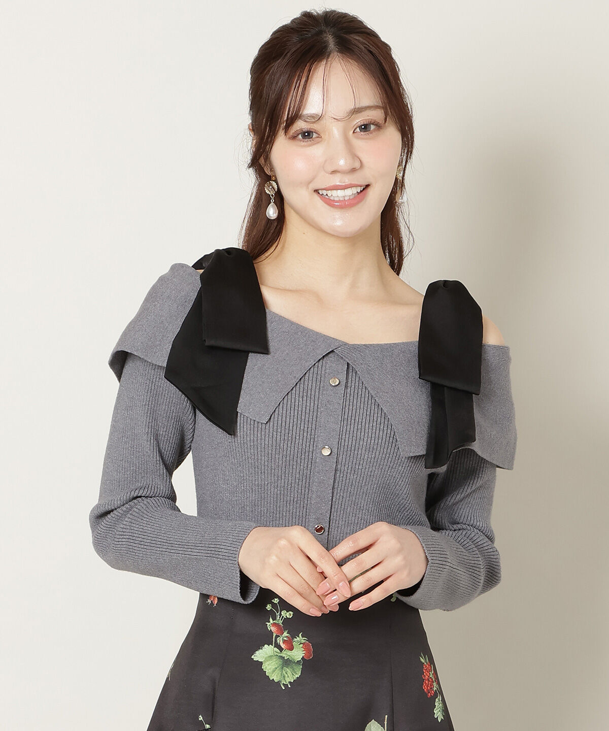 WILLSELECTION「リボンオフショルニットプルオーバー」|ニット・セーター|グレー