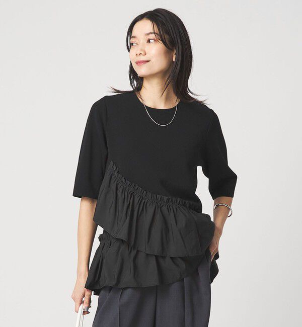 UNITED ARROWS green label relaxing「ドッキング ペプラム ショートスリーブ ニット プルオーバー ウォッシャブル」|ニット・セーター|BLACK