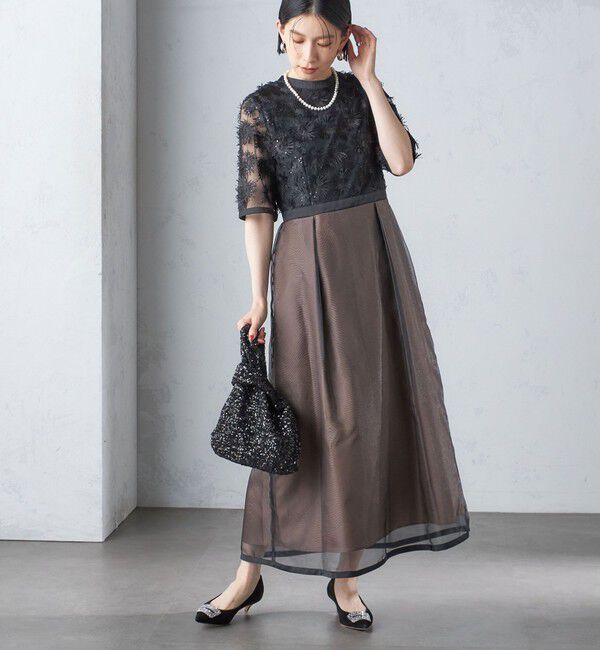 SHIPS for women「kaene:エンブロイダリー ミックス ワンピース〈セレモニー対応可〉」|ワンピース|ブラック