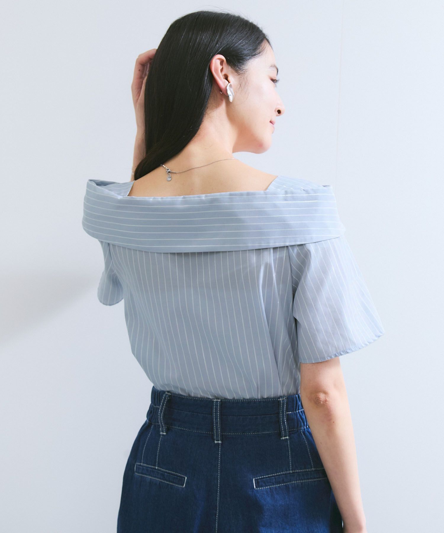 VIS「【防シワ】ラメミックスオフショルダー風ストライプシャツ」|シャツ・ブラウス|