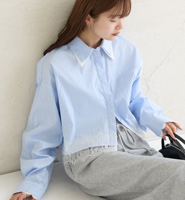  「ストライプ裾レースシャツ」|シャツ・ブラウス|
