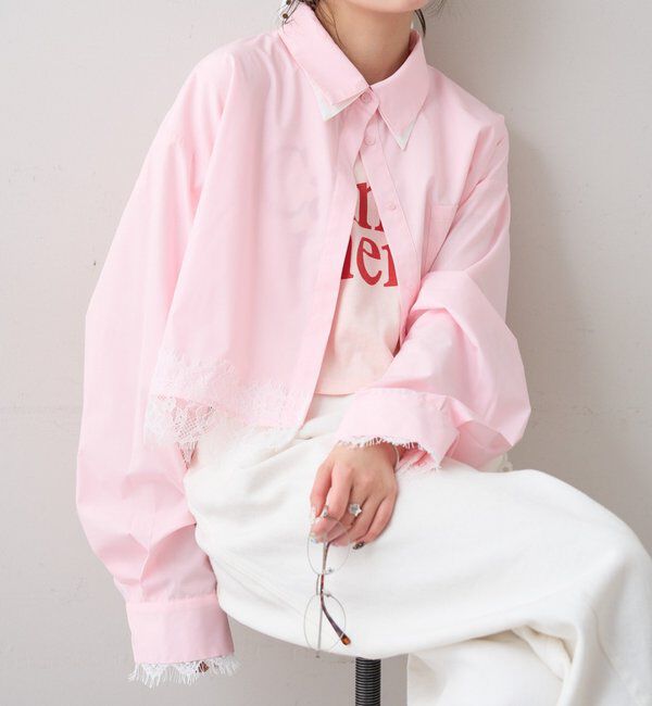  「ストライプ裾レースシャツ」|シャツ・ブラウス|ピンク