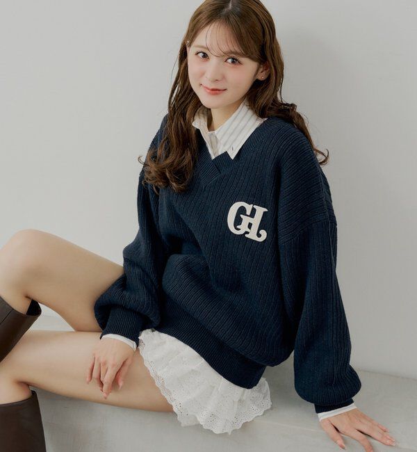  「【セットアップ対応】Vネックルーズニット」|ニット・セーター|ネイビー