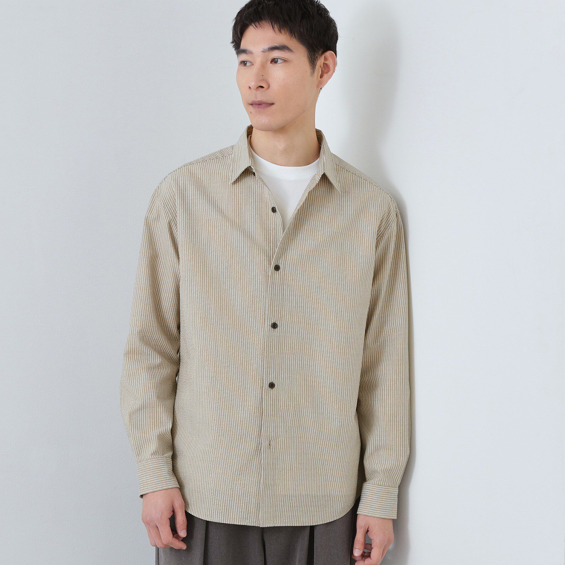 THE SHOP TK「【爽やかで好印象】サッカーストライプシャツ 洗濯機OK」|シャツ・ブラウス|ベージュ(352)