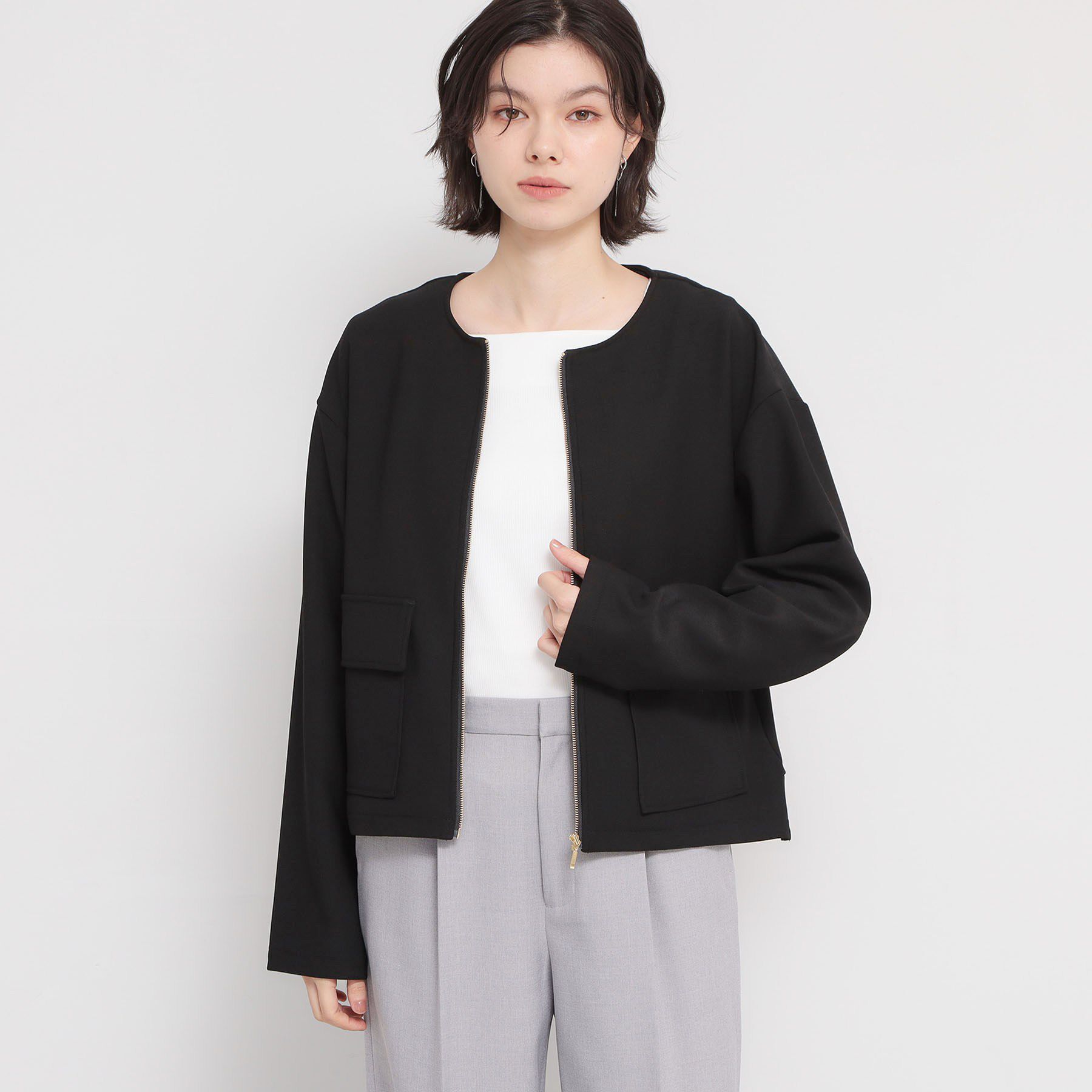 THE SHOP TK「【オンオフ問わず活躍】ダンボールカルゼジャケット」|ノーカラージャケット|ブラック(019)