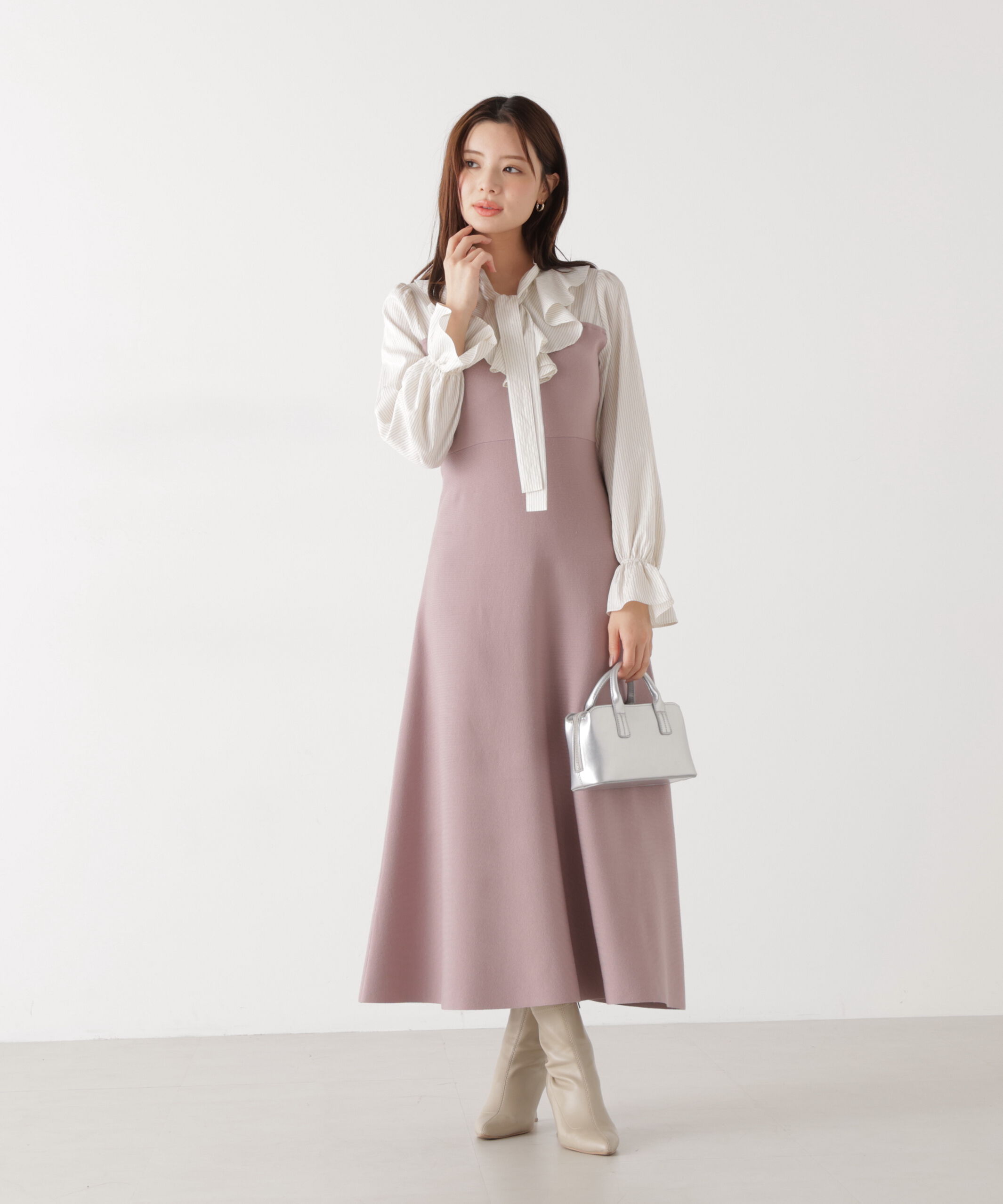 PROPORTION BODY DRESSING「《EDIT COLOGNE》ラッフルタイドッキングワンピース　26SS」|ワンピース|ホワイト&times;ピン