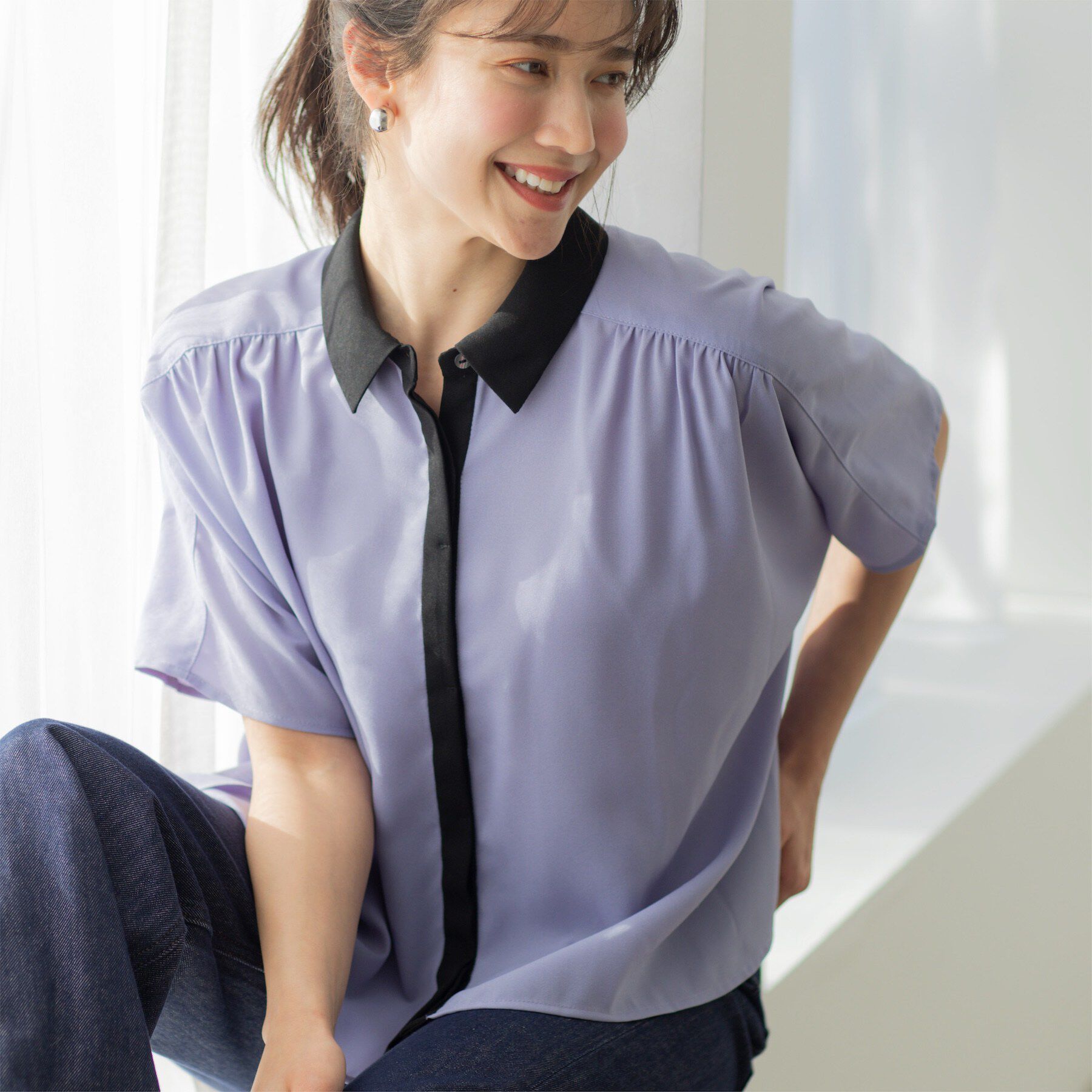 SHOO･LA･RUE「バイカラードルマンブラウス」|シャツ・ブラウス|サックスブルー(59