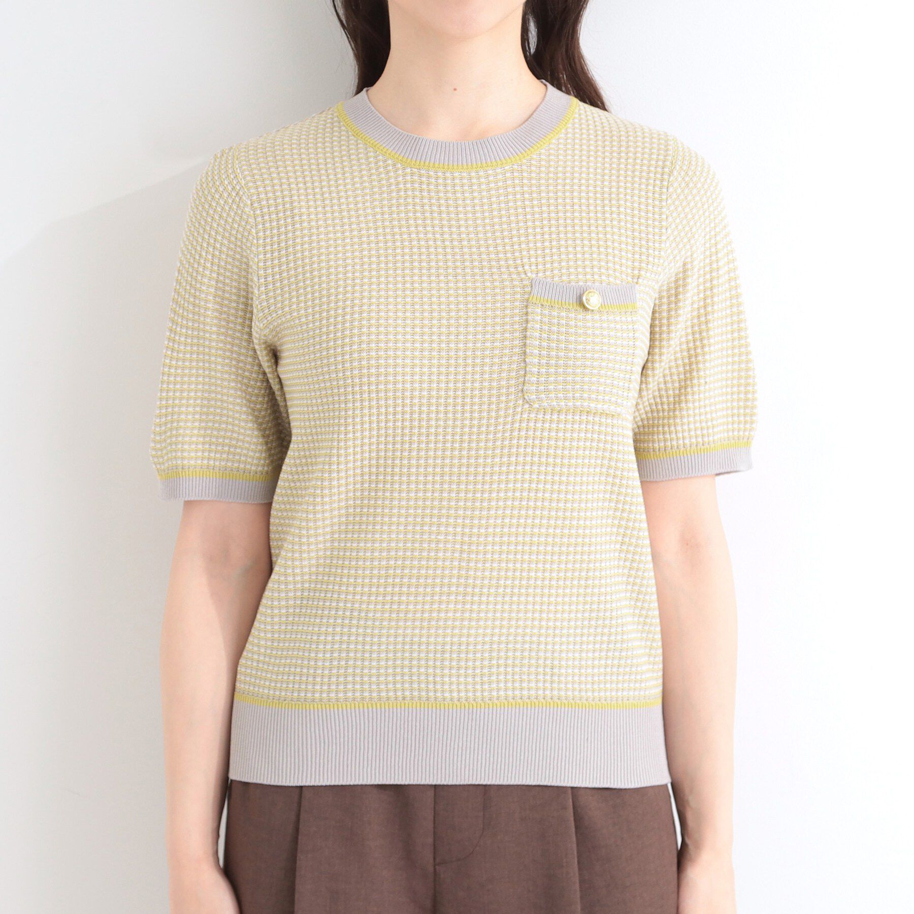 SHOO･LA･RUE「【洗濯機可/S-LL】金ボタンが上品 カノコ編み配色クルーネックニット」|ニット・セーター|