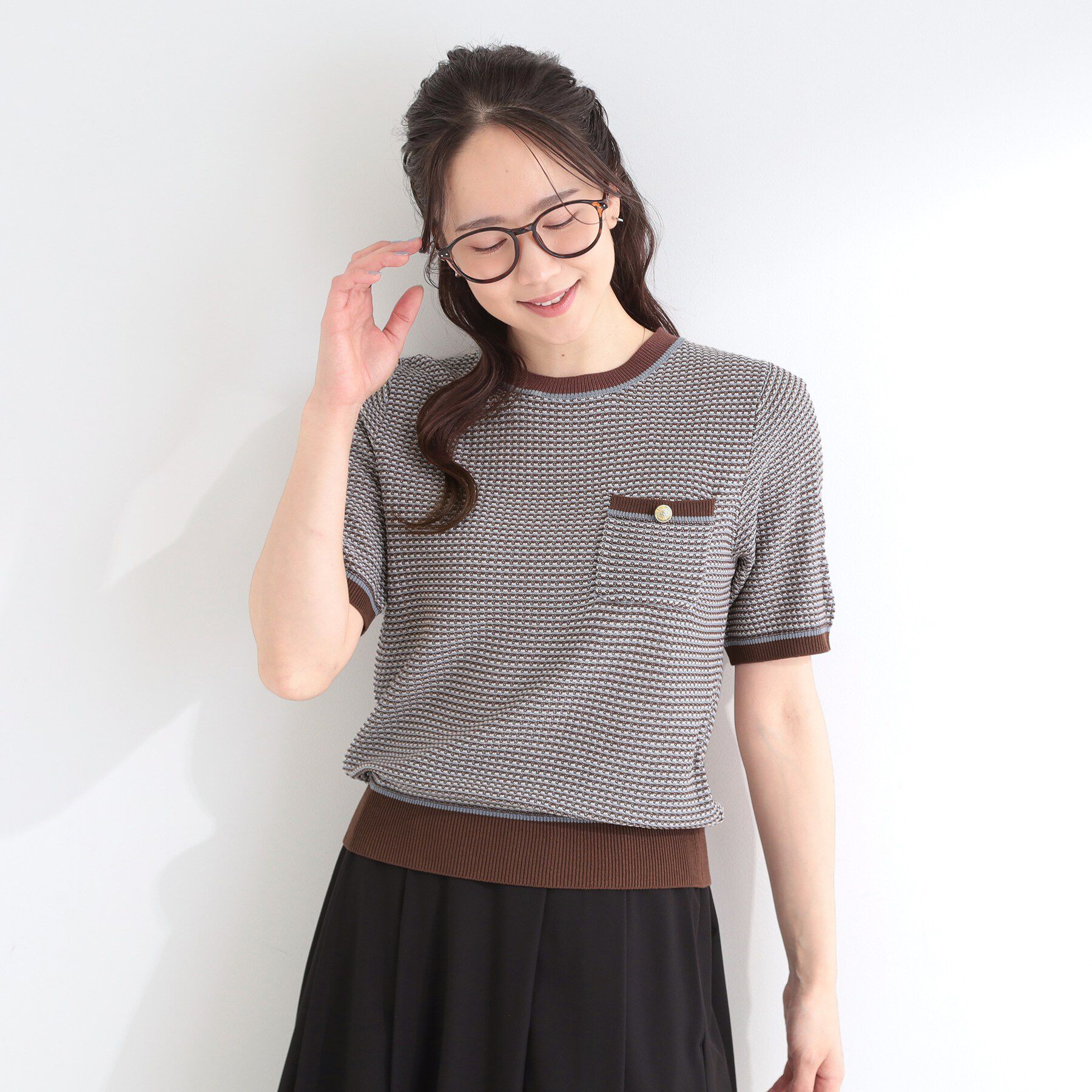 SHOO･LA･RUE「【洗濯機可/S-LL】金ボタンが上品 カノコ編み配色クルーネックニット」|ニット・セーター|