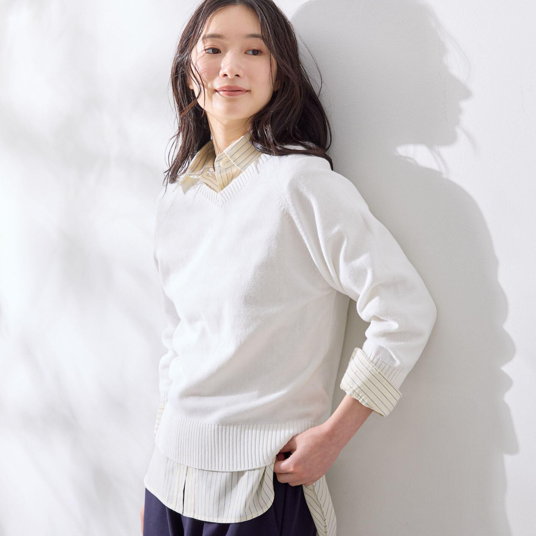 Dessin「【洗える】コットンVネックニット」|ニット・セーター|ホワイト(002)