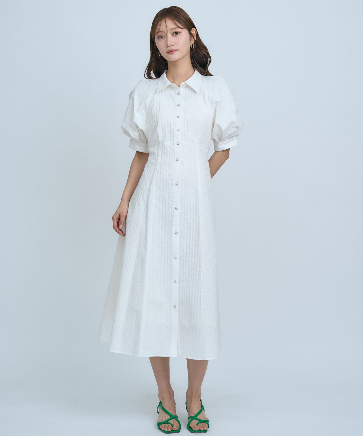 アンドクチュール「ボリュームスリーブストライプワンピース」|ワンピース|