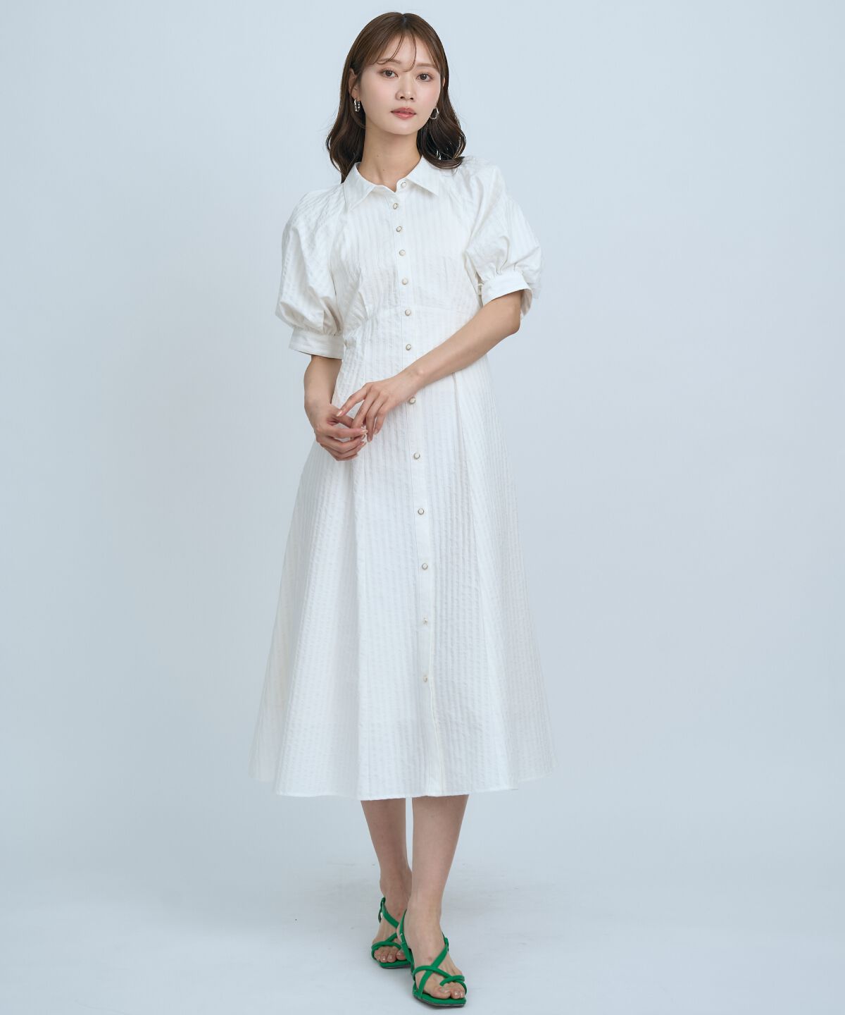 アンドクチュール「ボリュームスリーブストライプワンピース」|ワンピース|