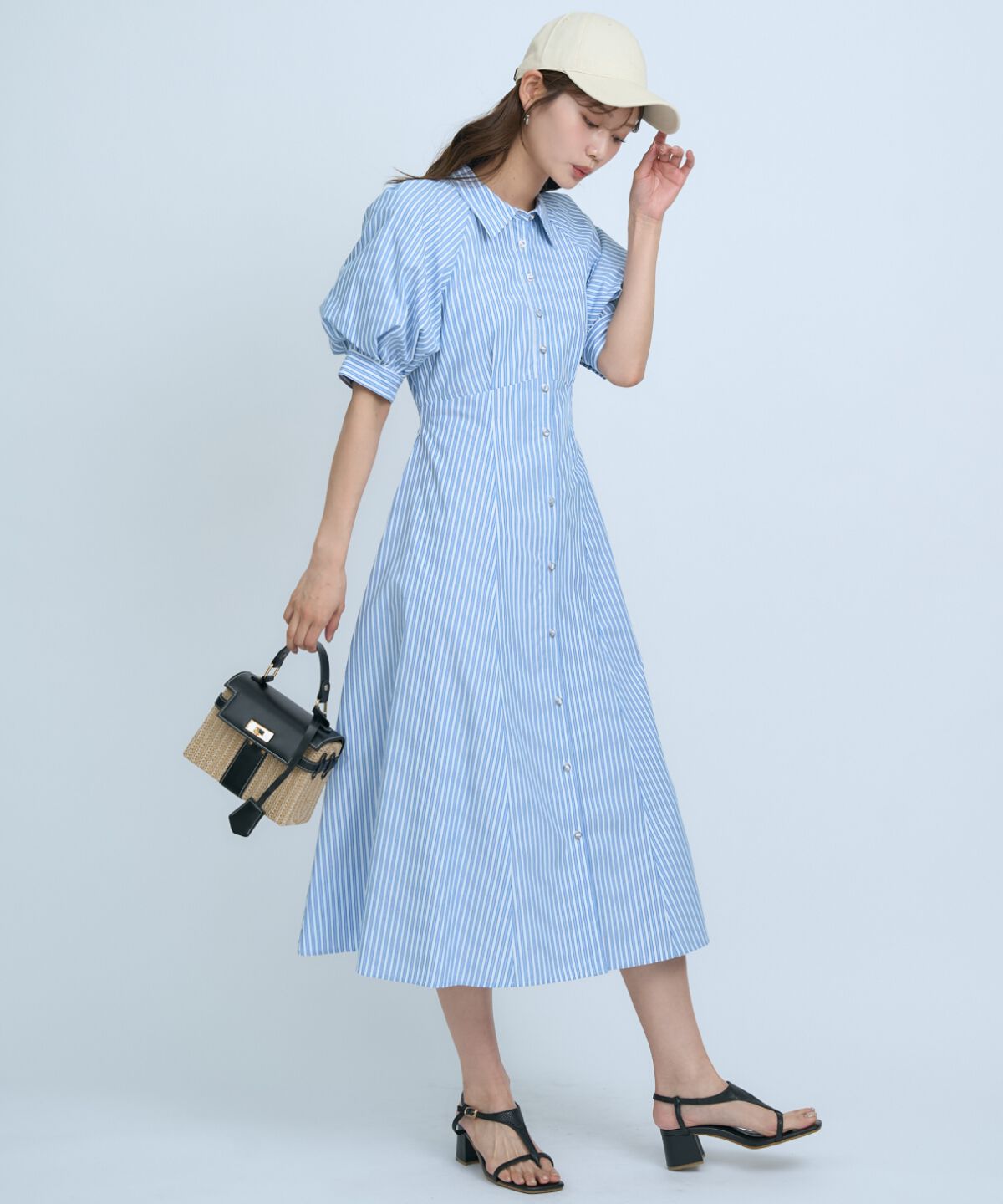 アンドクチュール「ボリュームスリーブストライプワンピース」|ワンピース|