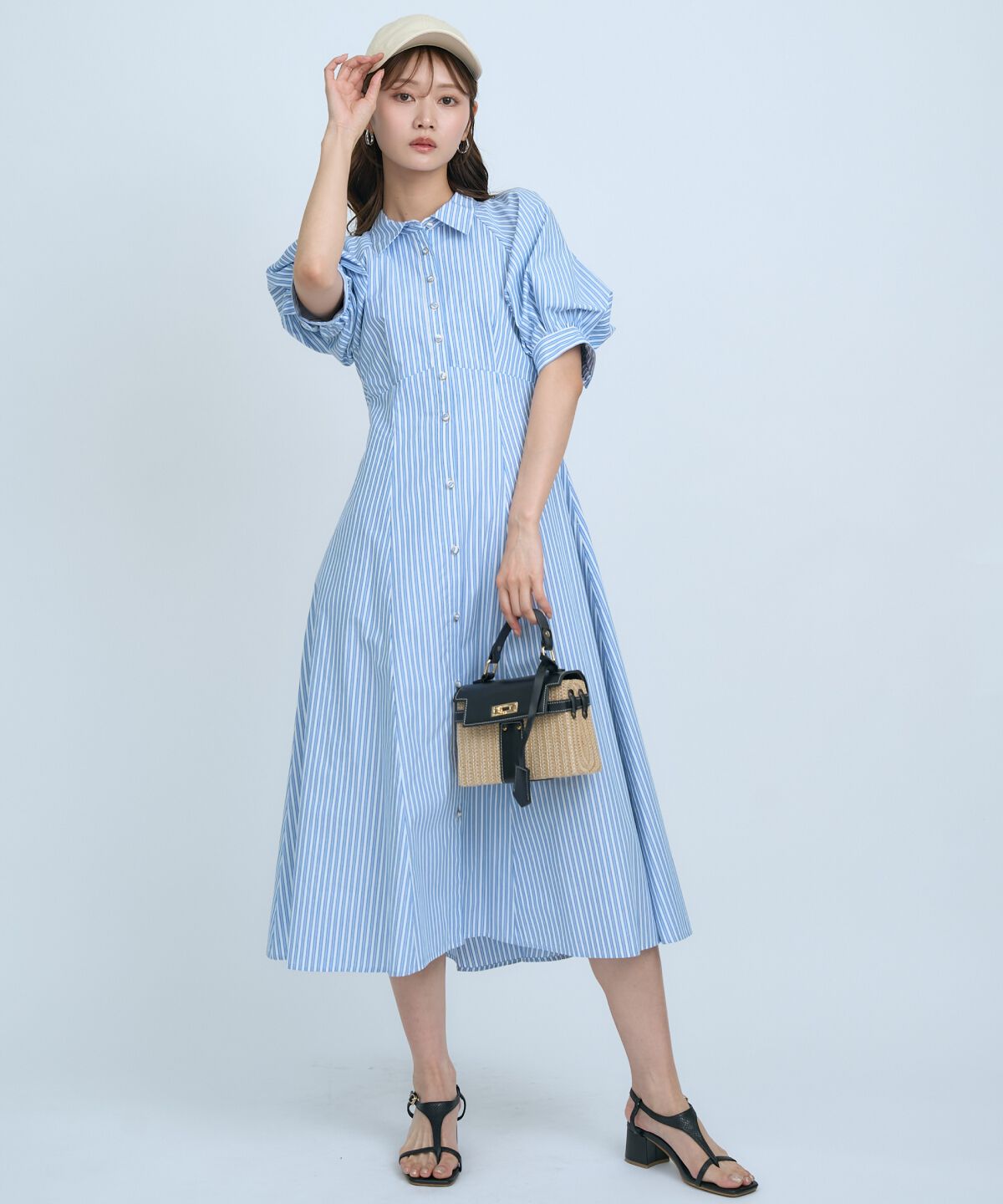 アンドクチュール「ボリュームスリーブストライプワンピース」|ワンピース|