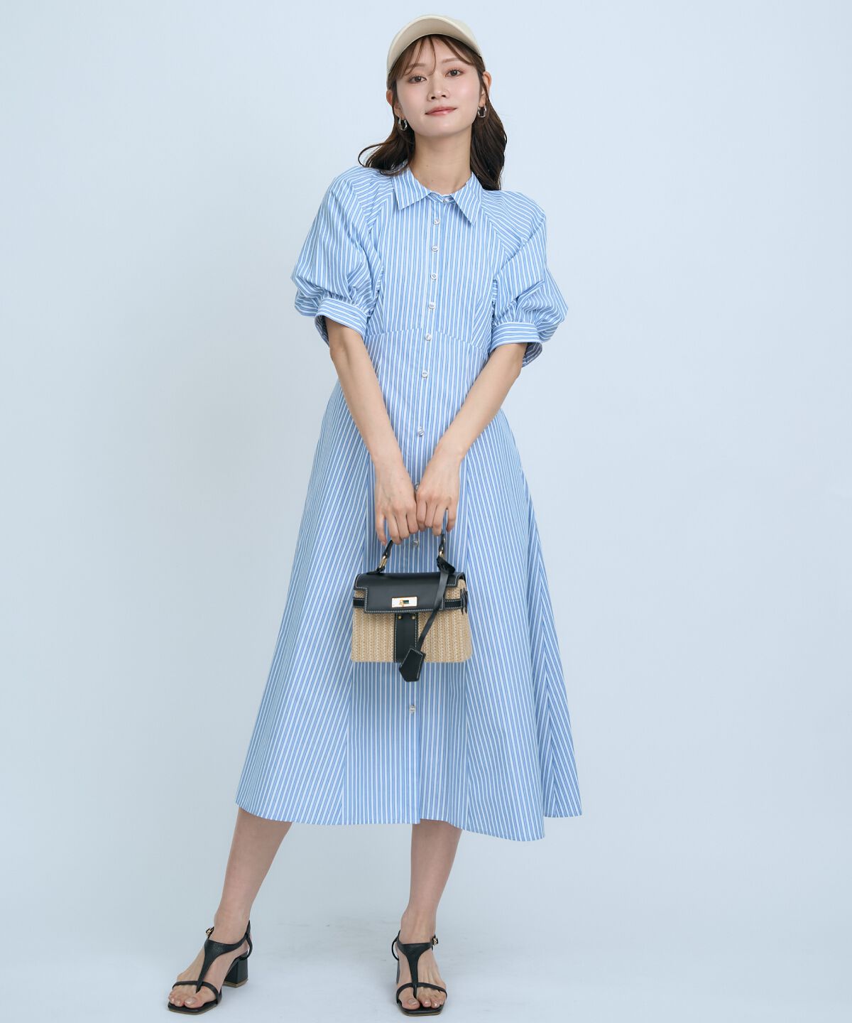 アンドクチュール「ボリュームスリーブストライプワンピース」|ワンピース|