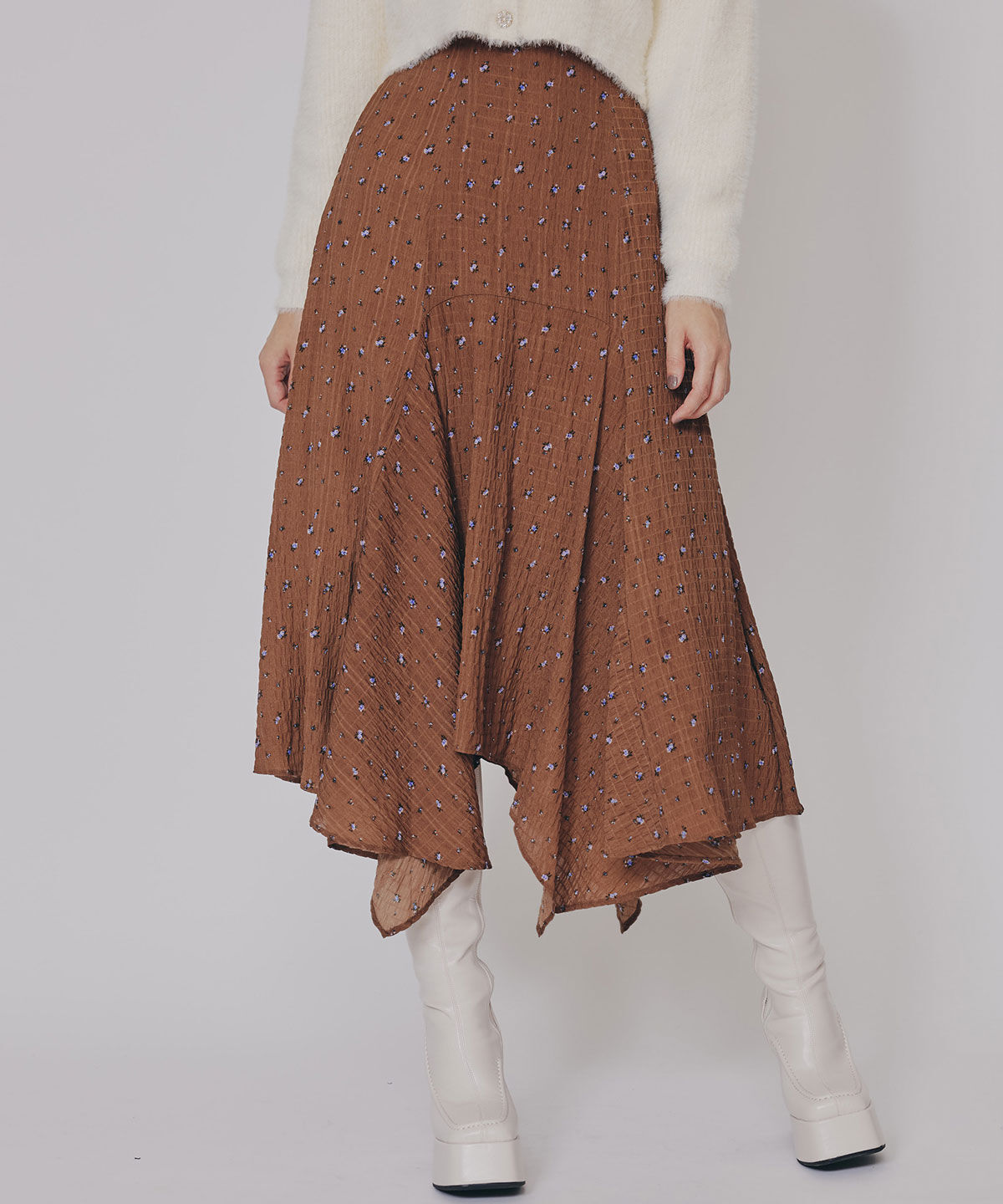 REDYAZEL「ミニフラワーイレヘムロングスカート」|フレア|茶系花柄