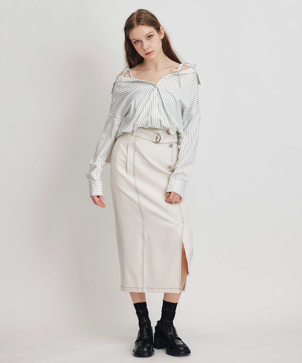 REDYAZEL「ベアレイヤードストライプバルーンオフショルブラウス」|シャツ・ブラウス|