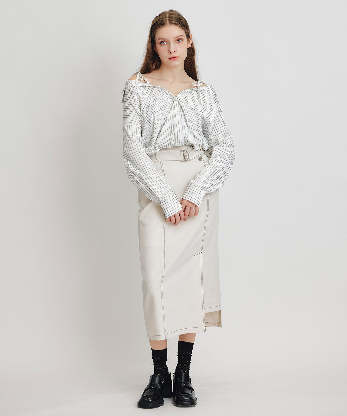 REDYAZEL「ベアレイヤードストライプバルーンオフショルブラウス」|シャツ・ブラウス|