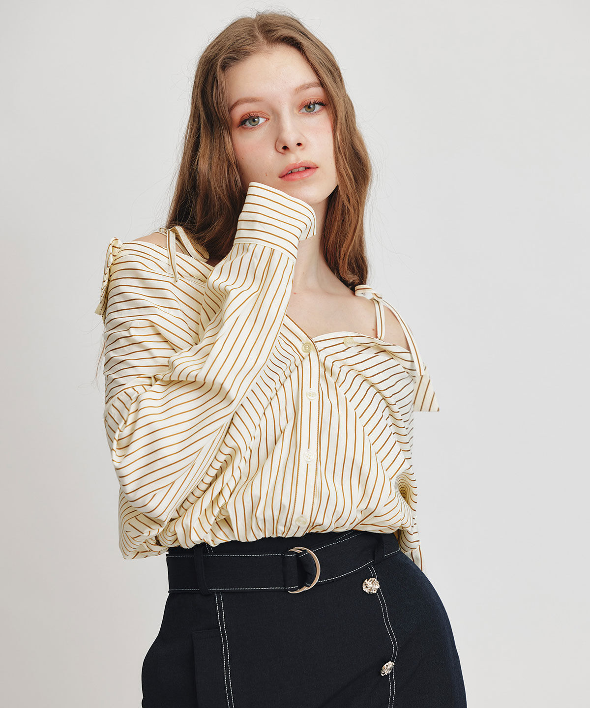 REDYAZEL「ベアレイヤードストライプバルーンオフショルブラウス」|シャツ・ブラウス|
