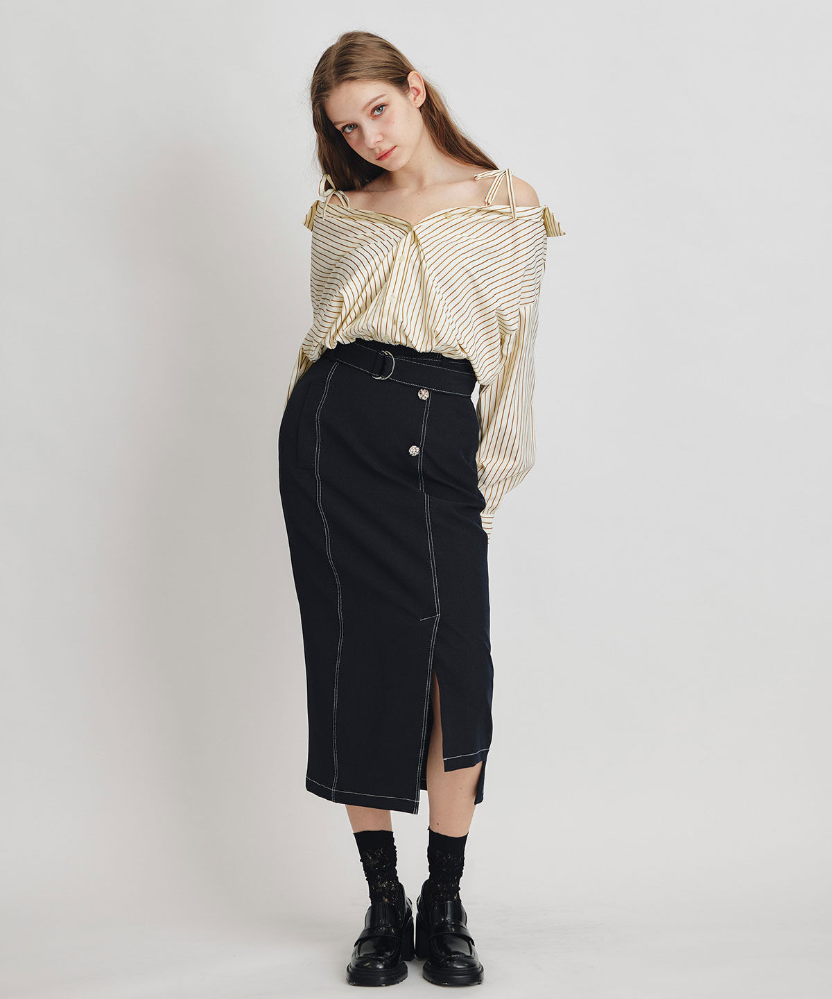REDYAZEL「ベアレイヤードストライプバルーンオフショルブラウス」|シャツ・ブラウス|