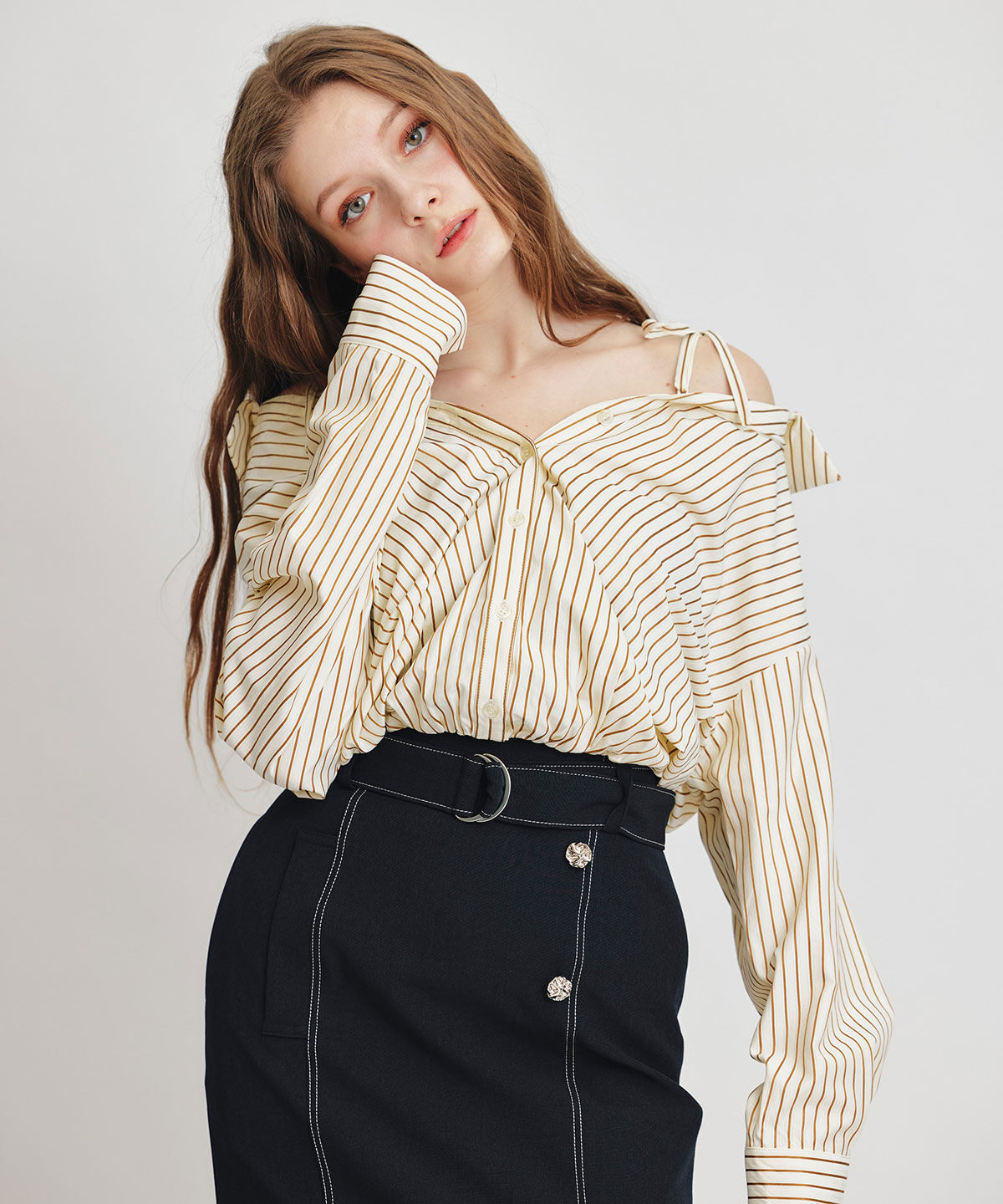 REDYAZEL「ベアレイヤードストライプバルーンオフショルブラウス」|シャツ・ブラウス|