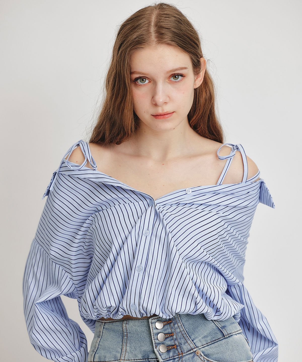 REDYAZEL「ベアレイヤードストライプバルーンオフショルブラウス」|シャツ・ブラウス|