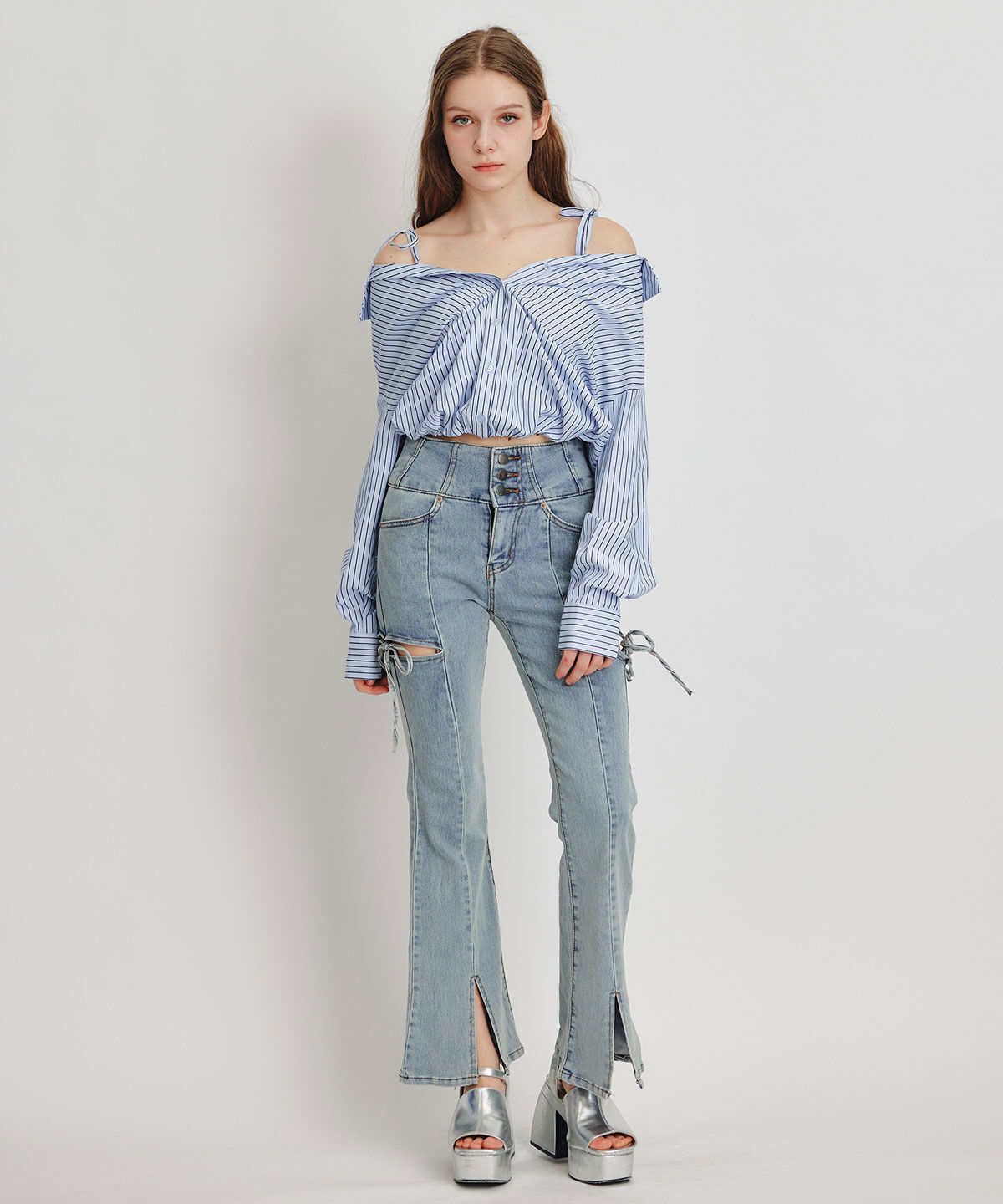 REDYAZEL「ベアレイヤードストライプバルーンオフショルブラウス」|シャツ・ブラウス|
