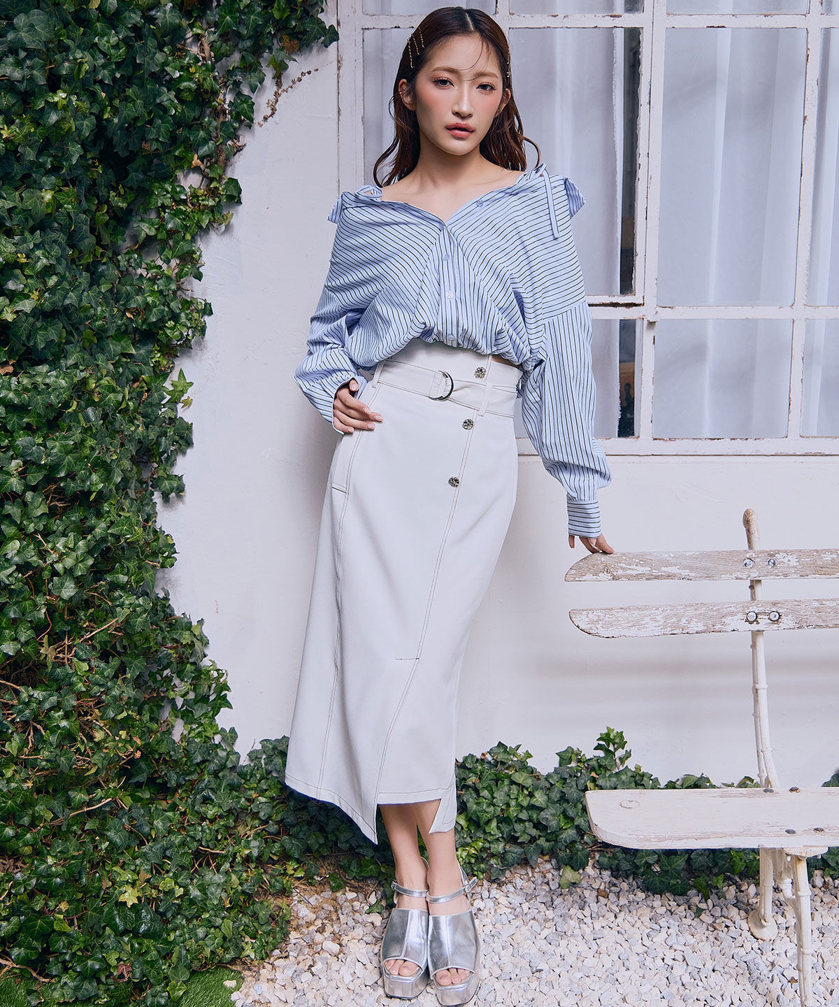 REDYAZEL「ベアレイヤードストライプバルーンオフショルブラウス」|シャツ・ブラウス|