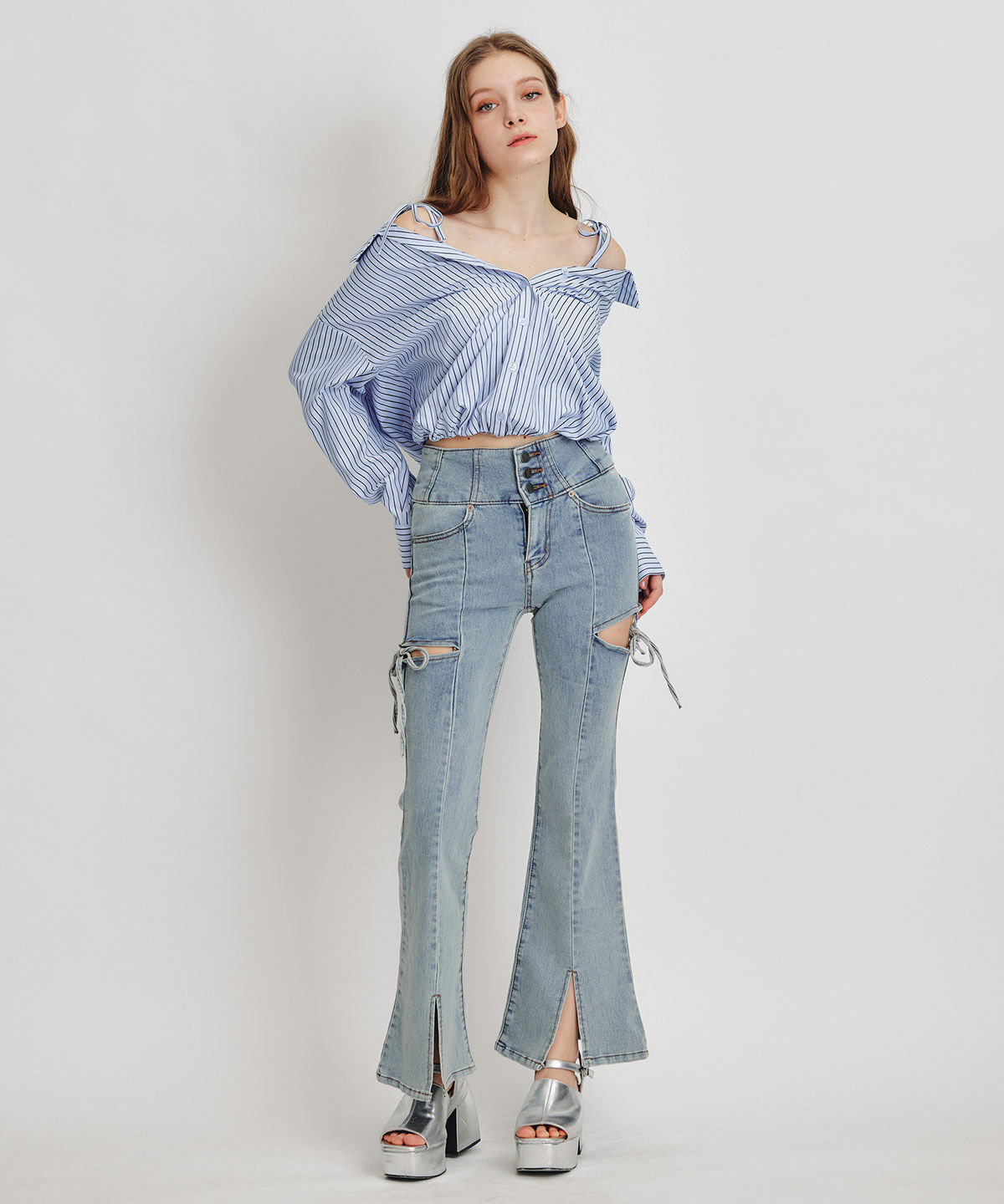 REDYAZEL「ベアレイヤードストライプバルーンオフショルブラウス」|シャツ・ブラウス|