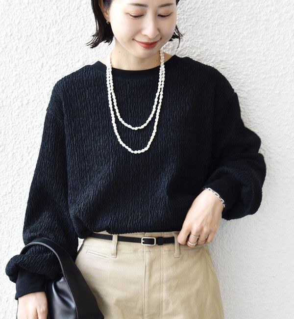 SHIPS for women「【WEB限定】〈手洗い可能〉ウェーブ クレープ ヘンリー 2WAY プルオーバー」|Tシャツ・カットソー|ブラック