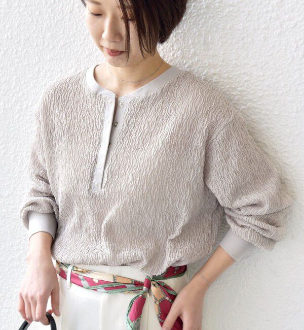 SHIPS for women「【WEB限定】〈手洗い可能〉ウェーブ クレープ ヘンリー 2WAY プルオーバー」|Tシャツ・カットソー|ベージュ