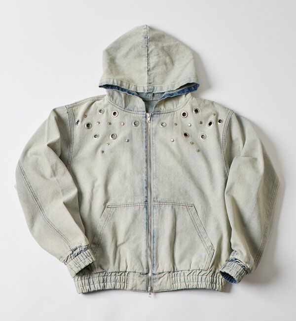  「アイレットスタッズデニムフードブルゾン」|ブルゾン・スタジャン|サックスブルー