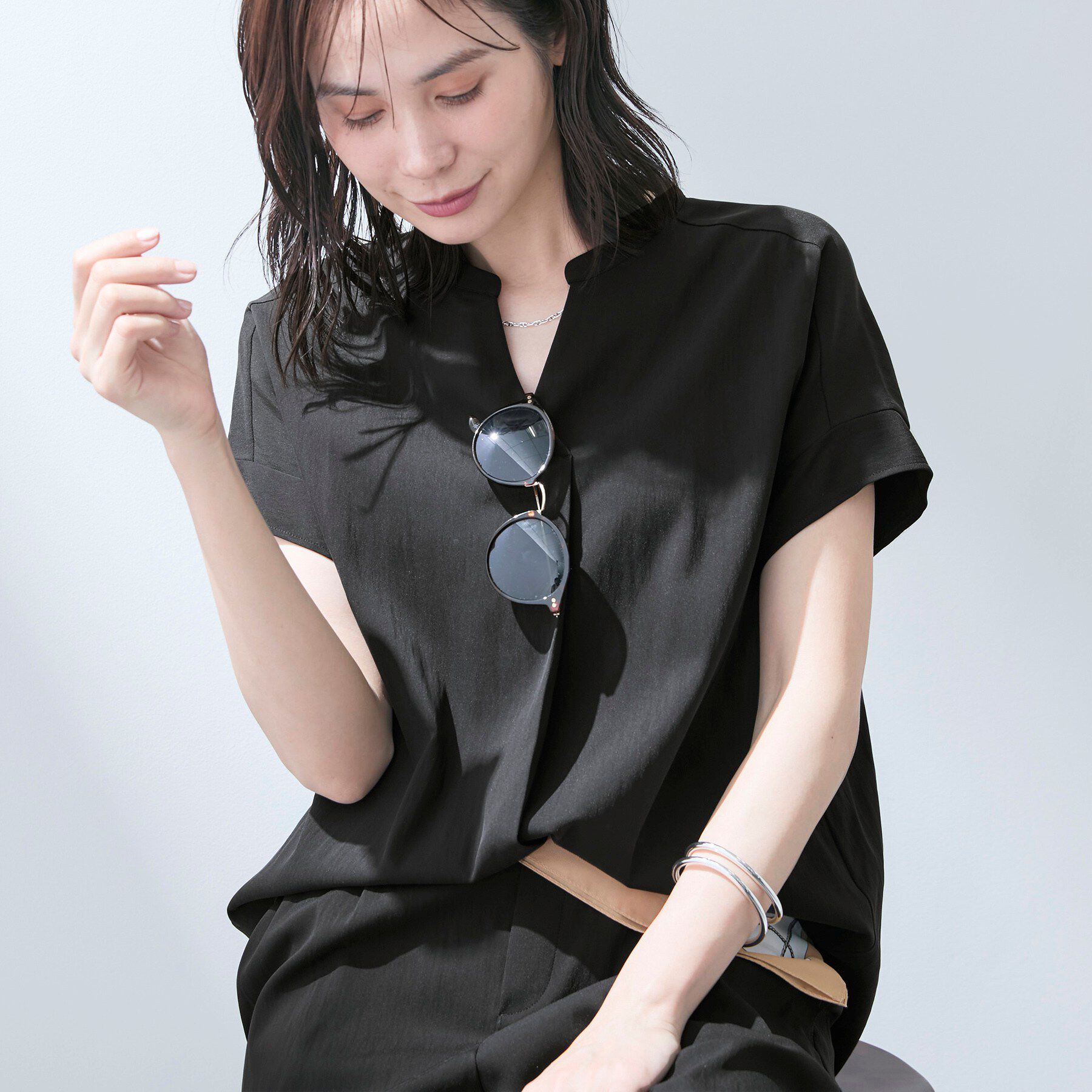 INDIVI「【洗える／SETUP可能】スキッパーブラウス」|シャツ・ブラウス|ブラック(019)