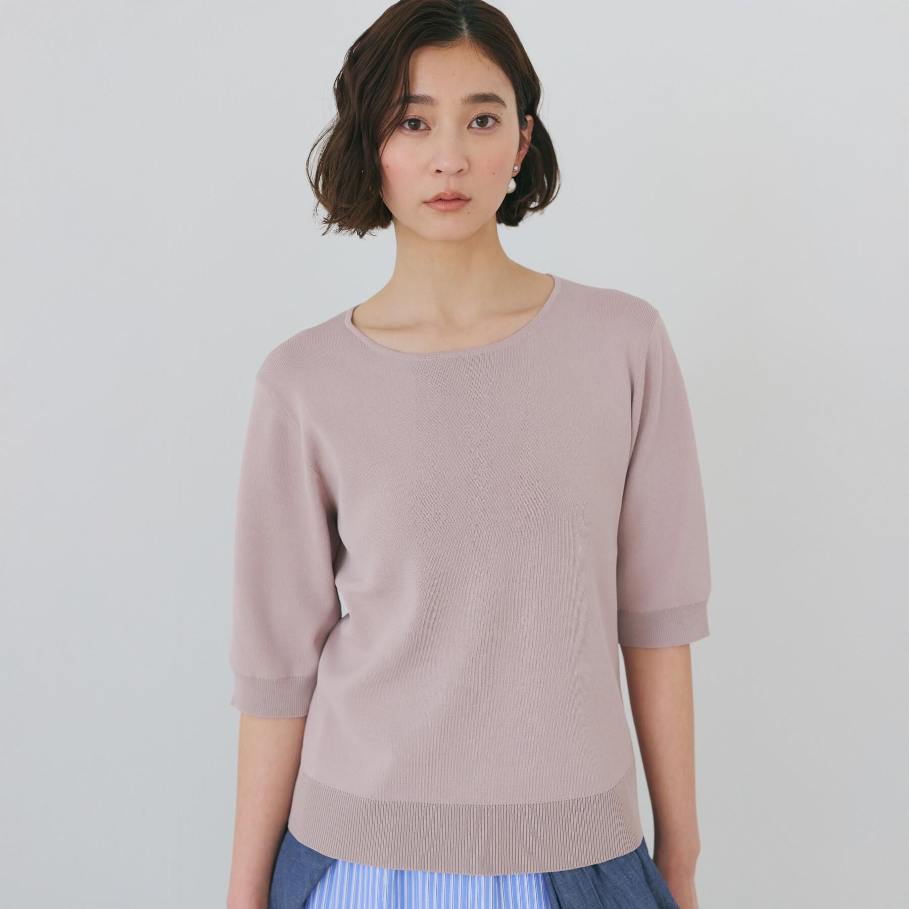 THE SHOP TK「【S-XL/ひんやりタッチ】美しさ際立つ 6分袖ニット 洗濯機OK/UVケア/毛玉になりにくい」|ニット・セーター|