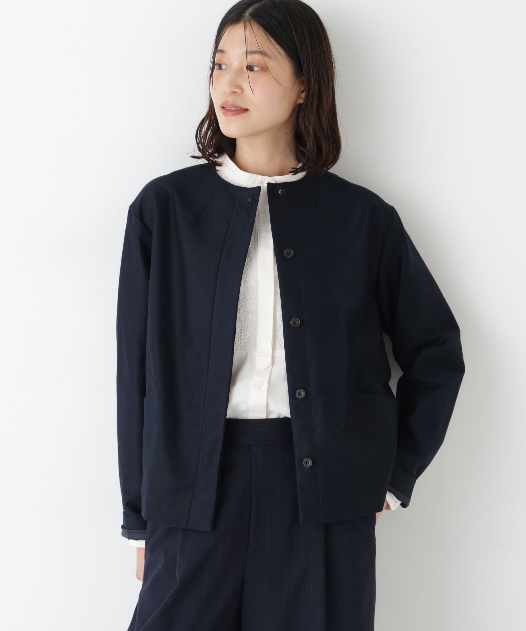  「◆《ウォッシャブル》ライトモールスキンノーカラージャケット」|ブルゾン・スタジャン|ネイビー