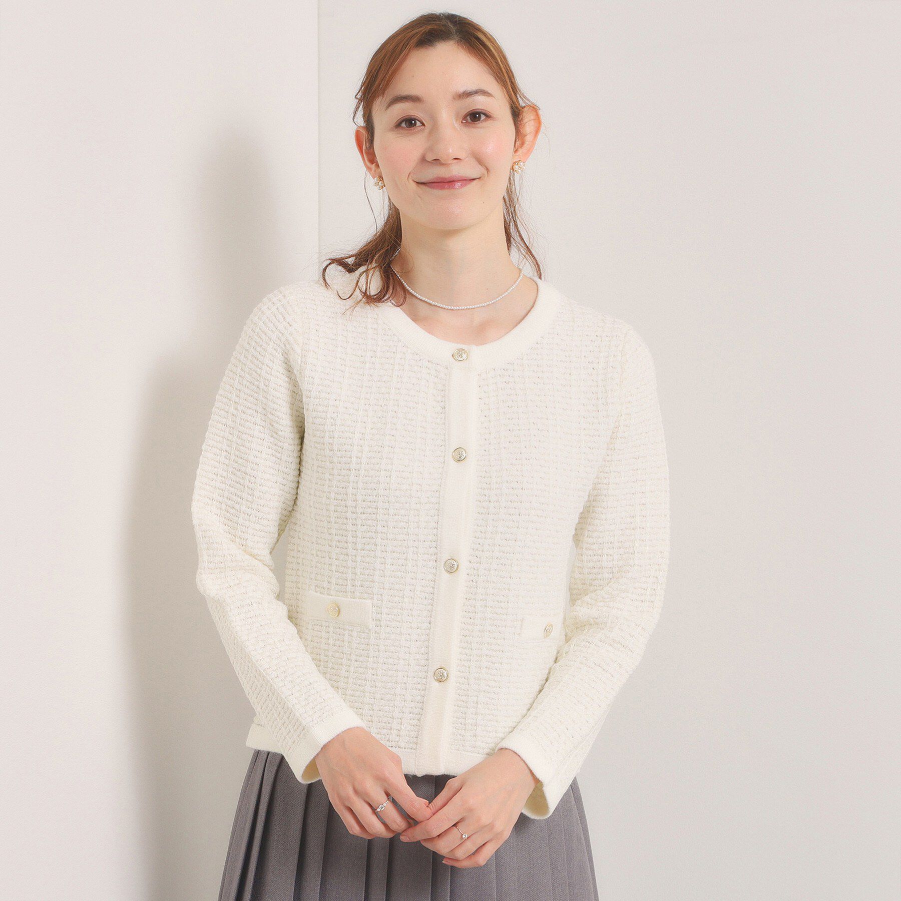 ITS&rsquo;DEMO「【入卒/手洗い可】ラメツイードニットジャケット」|ノーカラージャケット|オフホワイト(003