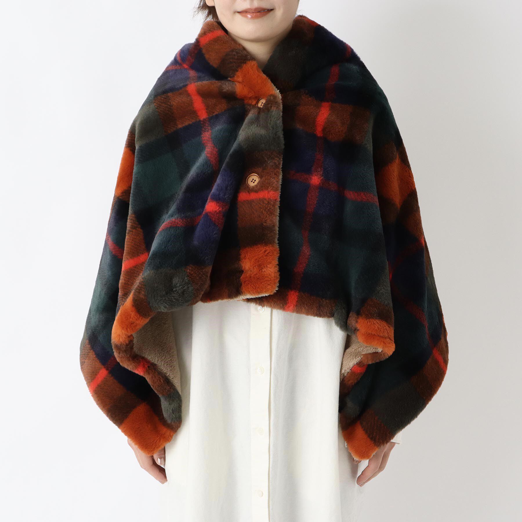 212 KITCHEN STORE「チェックファー ポンチョ ネイビー」|ブランケット|