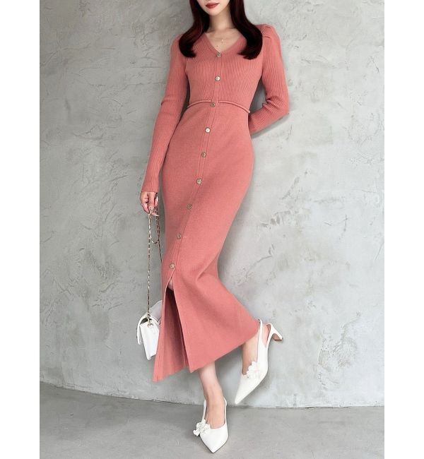 RESEXXY「ゴールドボタンタイトニットワンピース」|ワンピース|オレンジ