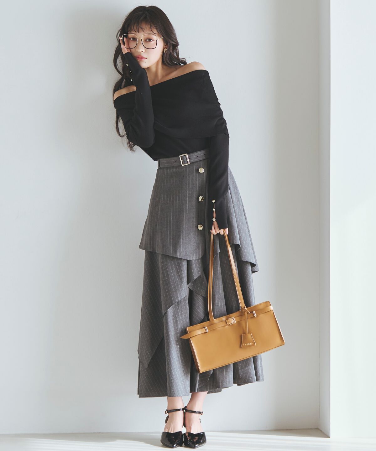 アンドクチュール「ベルト付きレイヤードデザインフレアスカート」|フレア|gray/borderｽﾄﾗｲﾌﾟ